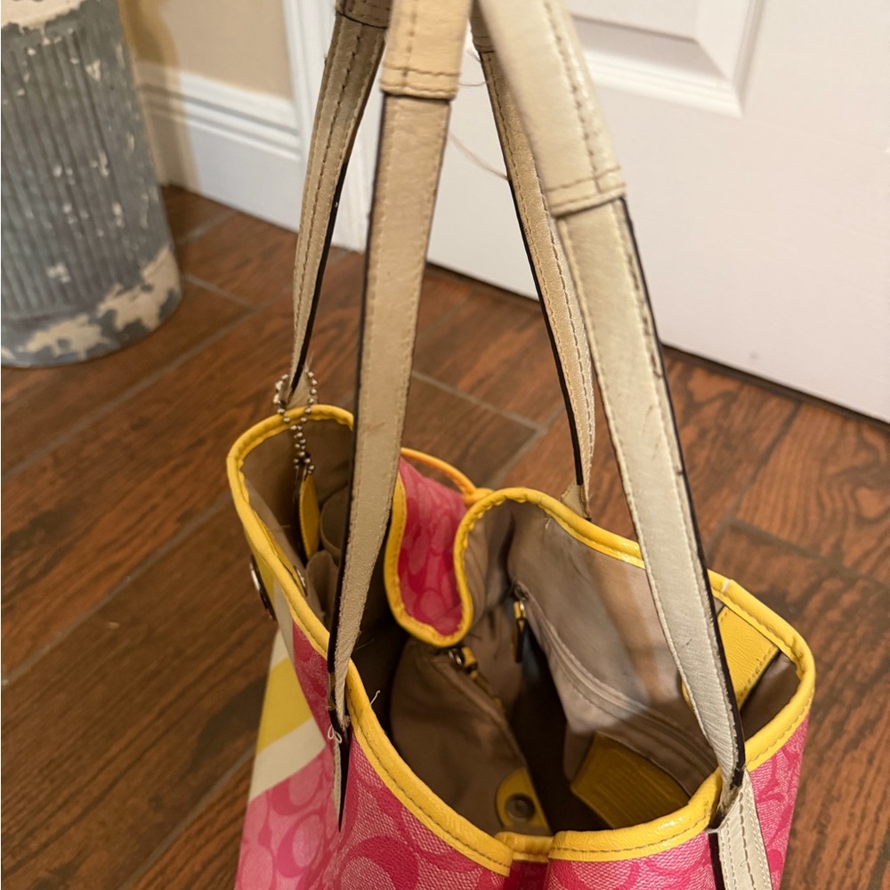 Coach Pink Signature Tote with Yellow Stripe - Picture 11 of 16